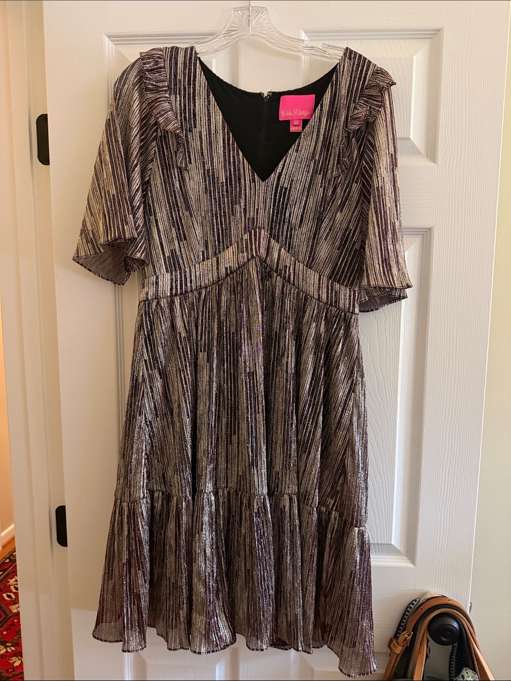 Lilly Pulitzer Metallic Striped V-Neck Midi Dress - Silver and Purple